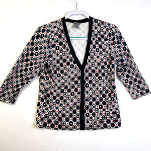 Ann Taylor Cardigan Sweater Women's Large Black Red 3/4 Sleeves Lightweight Work